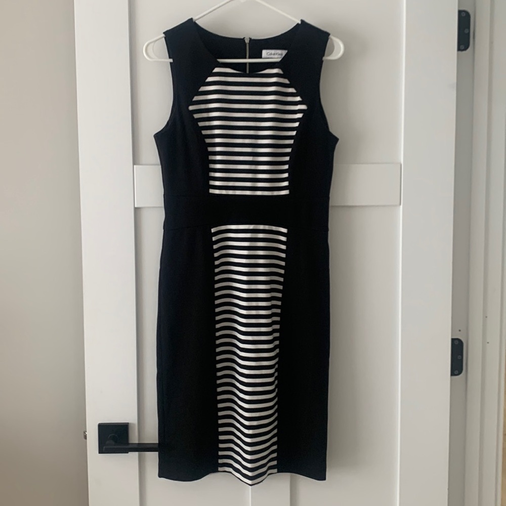 Calvin Klein black and white striped sheath dress